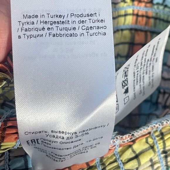 Ganni Windowpane Gingham Multi Striped Smocked Top Puff Sleeves Sz 36/US… - Picture 9 of 11